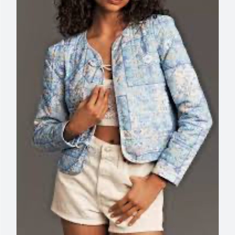 ANTHROPOLOGIE Dolan Bow Front Linen Quilted Lady Jacket BLUE Coat Sz XS